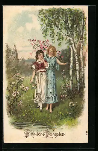 Lithographie Fröhliche Pfingsten, Mädchen im Grünen