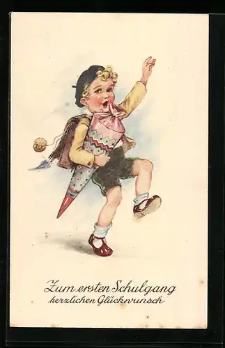 AK Kleiner Junge mit Ranzen und Schultüte