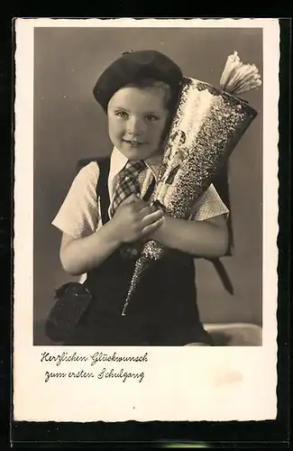 AK Kind mit Zuckertüte zum Schulanfang