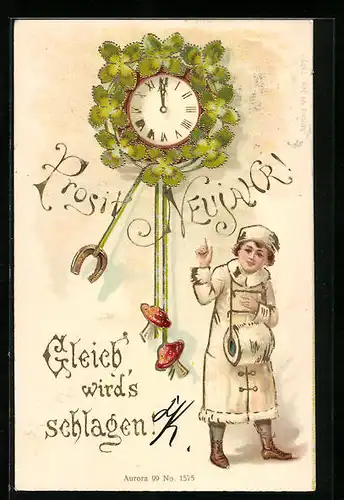 AK Uhr zu Mitternacht mit Kleeblättern
