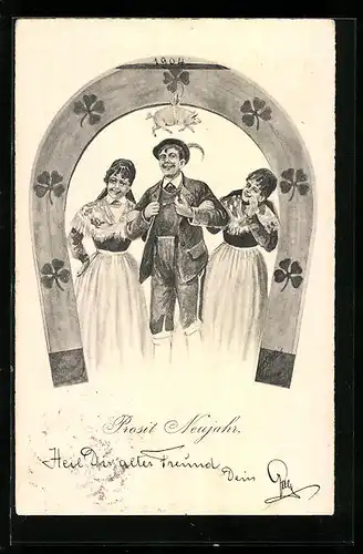 AK Gesellschaft in Tracht mit Hufeisen