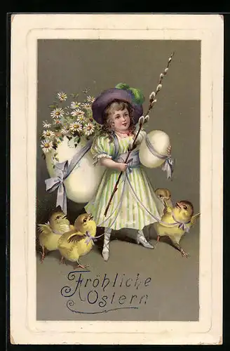 AK Mädchen mit Osterküken und Palmkätzchenzweig