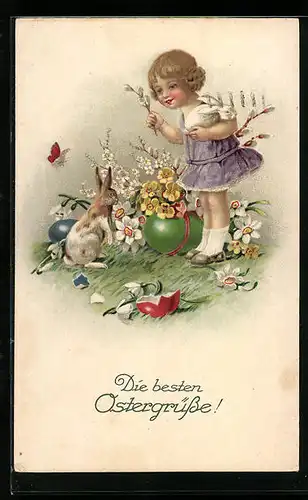 AK Mädchen mit Osterhasen und Blumen