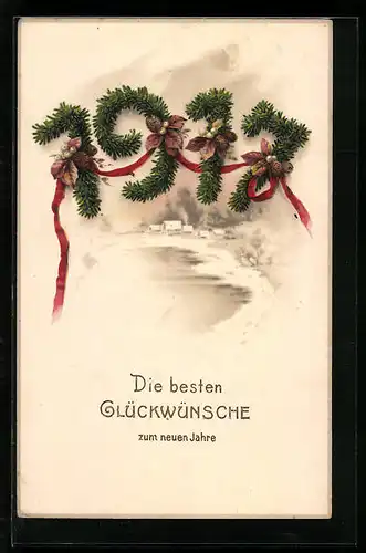 AK Jahreszahl 1917 aus Tannenzweigen