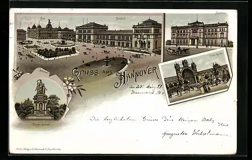 Lithographie Hannover, Blick auf Krieger-Denkmal und Postgebäude