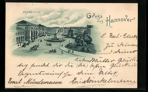 Lithographie Hannover, Staatsbahnhof mit Vorplatz