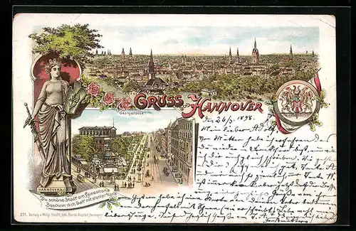 Lithographie Hannover, Gesamtansicht, Georgstrasse mit Strassenbahn, Hannovera, Wappen