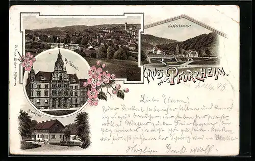 Lithographie Pforzheim, Restaurant Seehaus, Kupferhammer, Rathaus