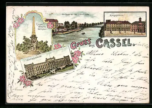 Lithographie Cassel, Kaiser Wilhelm Denkmal, Kriegsschule, Justizgebäude, Die Fulda mit der Drahtbrücke