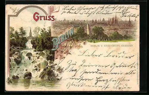 Lithographie Berlin, Wasserfall im Victoria-Park, Teilansicht vom Kreuzberg aus