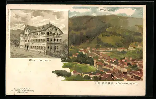 Lithographie Triberg /Schwarzwald, Hotel Bellevue, Totalansicht