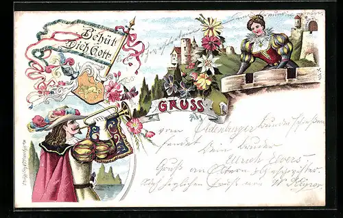 Lithographie Behüt Dich Gott!, Edelmann mit Trompete, Edeldame auf dem Balkon