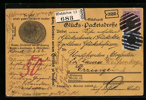 AK Glückspost, Münzen Deutsches Reich 20 Mark, Geld, Postgeschichte