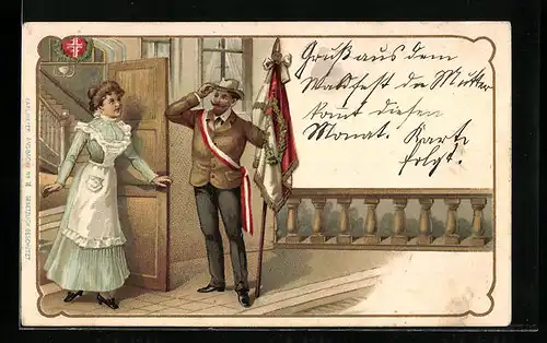 Künstler-AK Turner mit Schärpe und Flagge