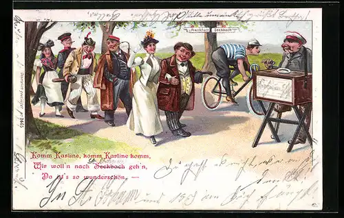 Lithographie Paar begegnet beim Spaziergang nach Seckbach einem Leierkastenmann