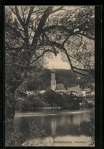 AK Wolfratshausen, Blick über den Teich auf die Kirche
