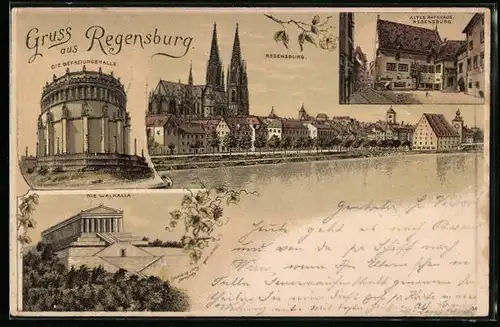 Lithographie Regensburg, Altes Rathaus, Die Befreiungshalle, Die Walhalla