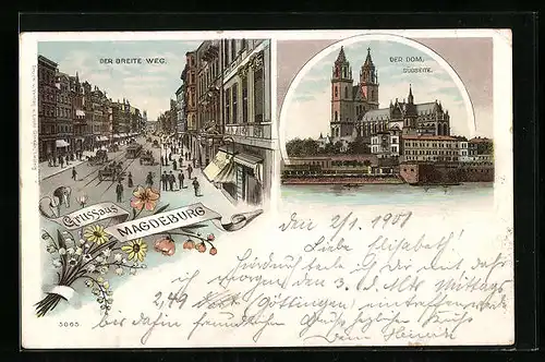 Lithographie Magdeburg, Dom Südseite, Strasse Breiteweg