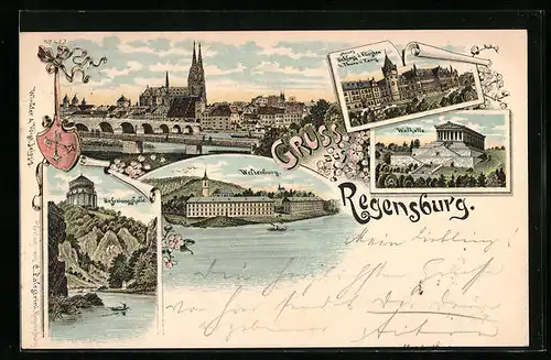 Lithographie Regensburg, Neues Schloss des Fürsten von Thurn und Taxis, Befreiungshalle, Walhalla