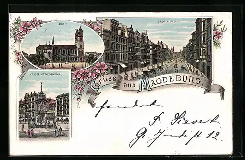 Lithographie Magdeburg, Dom, Kaiser Otto Denkmal, Strasse Breiter Weg