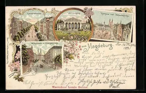 Lithographie Magdeburg, Rathaus und Johanniskirche, Herrenkrug, Kaiserstrasse