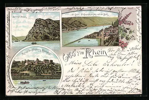 Lithographie St. Goar /Rhein, St. Goarshausen mit der Katz, Loreley-Felsen, Ruine der Festung Rheinfels