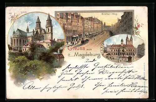 Lithographie Magdeburg, Dom, Alter Markt, Strasse Breiter-Weg