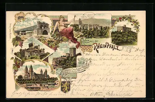 Lithographie Speyer /Rheinpfalz, Dom, Rheinbrücke, Ansichten aus der Rheinpfalz
