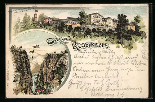 Lithographie Thale, Hotel zur Rosstrappe mit Winzenburg, Rosstrappfelsen