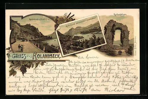 Lithographie Rolandseck, Uferpartie u. d. Drachenfels, Nonnenwerth u. d. Siebengebirge, Rolandsbogen