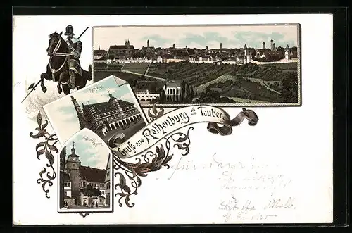 Vorläufer-Lithographie Rothenburg ob Tauber, 1895, Teilansicht, Rathaus, Weisser Turm