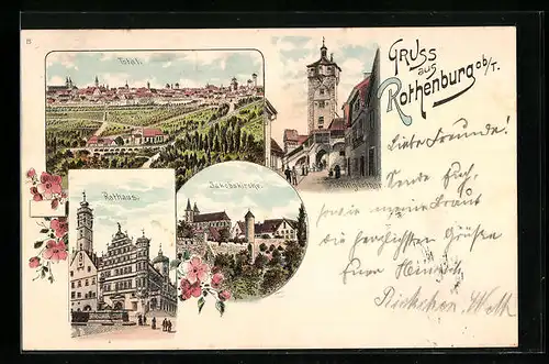 Lithographie Rothenburg / Tauber, Totalansicht, Rathaus, Jakobskirche