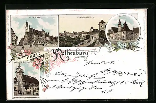 Lithographie Rothenburg o. T., Rathaus, Spitalhof, Weisser Turm