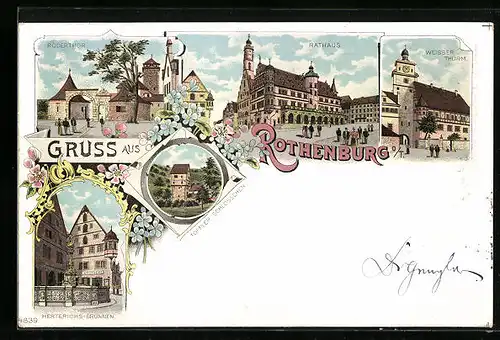 Lithographie Rothenburg o. T., Rathaus, Herterichs-Brunnen, Weisser Turm