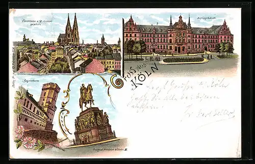 Lithographie Köln, Panorama von St. Gereon-Kirche gesehen, Justizgebäude, Bayenturm