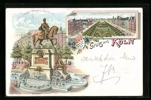 Lithographie Köln-Neustadt, Kaiser-Wilhelm-Denkmal, Kaiser-Wilhelm-Ring
