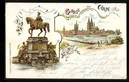 Lithographie Köln, Uferpartie mit Dom, Kaiser-Wilhelm-Denkmal