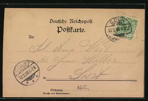 Lithographie Köln a. Rh., Uferpartie mit Dom, Friedrich Wilhelm II.-Denkmal