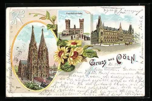 Lithographie Köln, Dom, Post, Eisenbahnbrücke