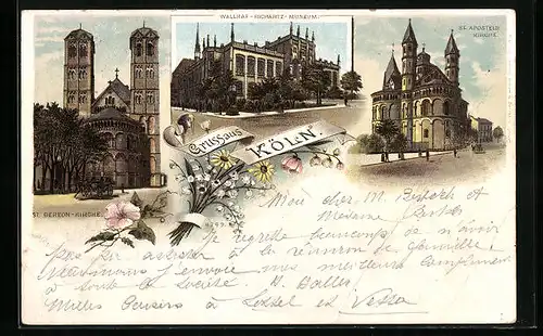 Lithographie Köln, St. Gereon-Kirche, Wallraf-Richartz-Museum, St. Aposteln-Kirche