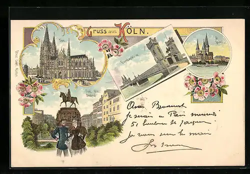 Lithographie Köln, Dom, Friedrich Wilhelm-Denkmal, Eisenbahnbrücke
