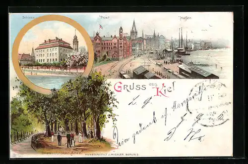 Lithographie Kiel, Schloss, Post und Hafen, Düsternbroker-Allee