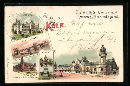 Lithographie Köln, Museum, Bahnhof, Feste Brücke