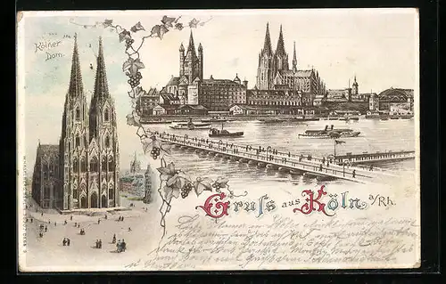 Lithographie Köln a. Rh., Uferpartie mit Kölner Dom und Brücke