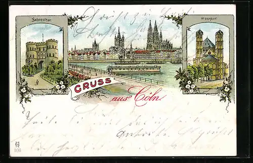 Lithographie Köln, Uferpartie mit Dom, St. Gereon-Kirche, Hahnentor