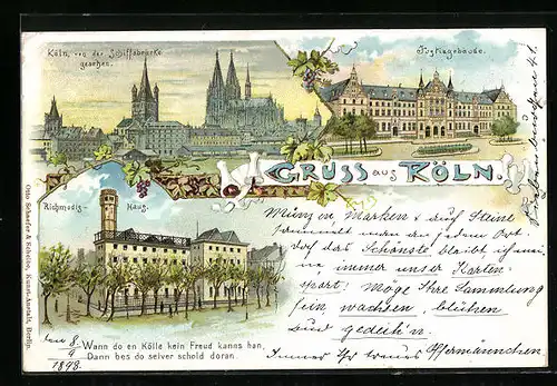 Lithographie Köln, Justizgebäude, Richmodis-Haus, Uferpartie von der Schiffsbrücke gesehen