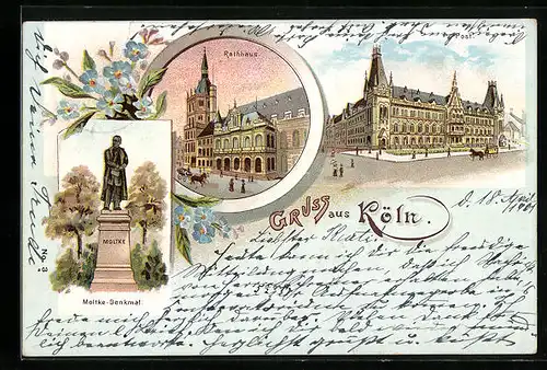Lithographie Köln, Post, Rathaus, Moltke-Denkmal