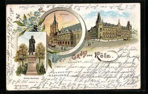 Lithographie Köln, Rathaus, Post, Moltke-Denkmal