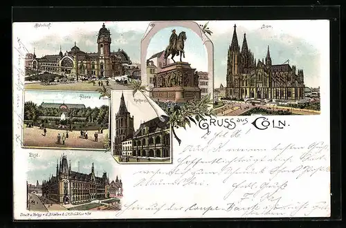 Lithographie Köln, Gasthaus Flora, Rathaus, Dom