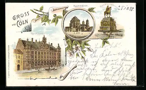 Lithographie Köln, Reichsbank, Apostelnkirche, Friedrich Wilhelm III. Denkmal